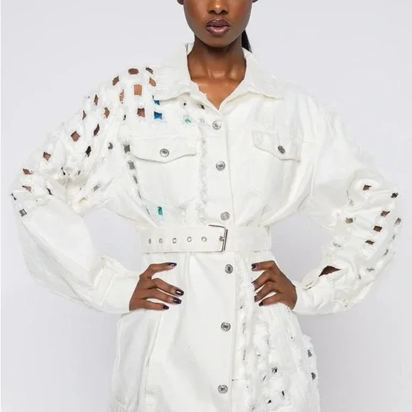 White Cutout Long Sleeve Belted Jacket Mini Utility Edgy Statement Dress - Picture 5 of 6